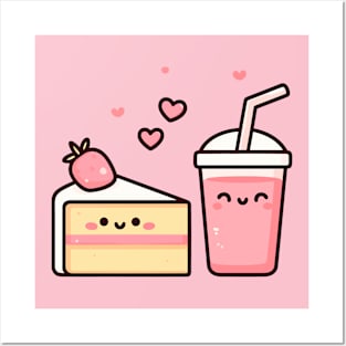 Kawaii Strawberry Lovers Design with Strawberry Cake and Milkshake | Cutesy Kawaii Posters and Art